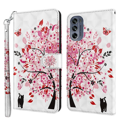 Phone case with 3D floral tree pattern, red and pink flowers, cat silhouettes, wrist strap
