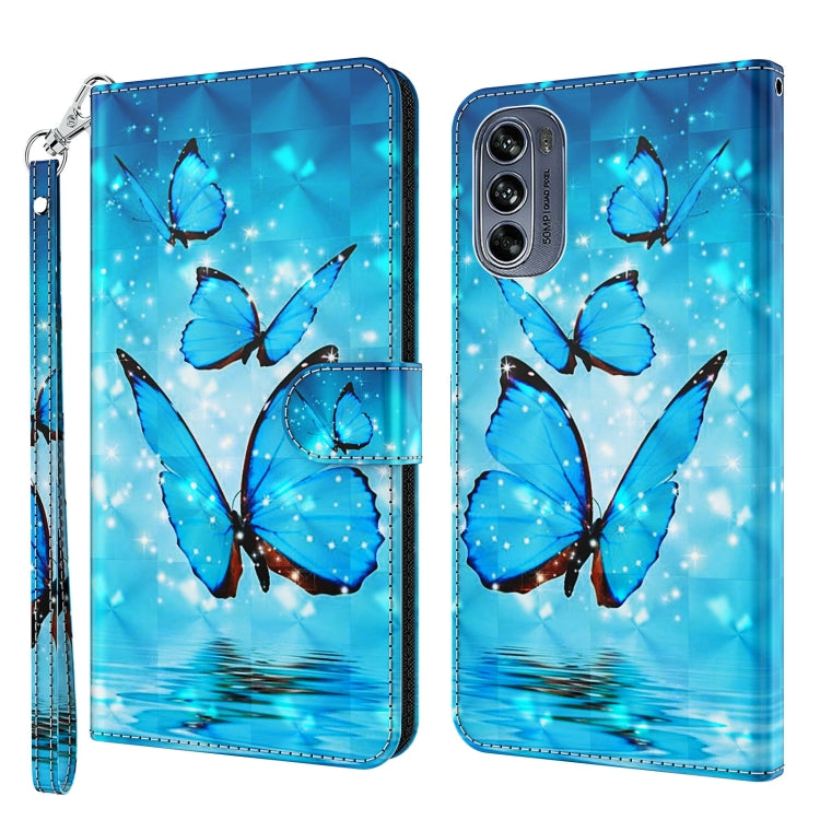 Phone case with 3D butterfly artwork, blue butterflies on sky-blue background, wrist strap
