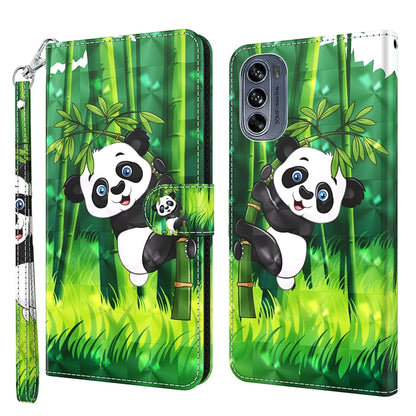 Phone case with 3D panda illustration in green forest scene, stitched edges, wrist strap