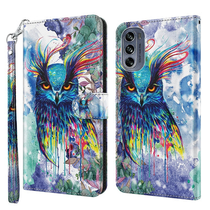 Phone case with colorful 3D owl painting, blue watercolor background, wrist strap
