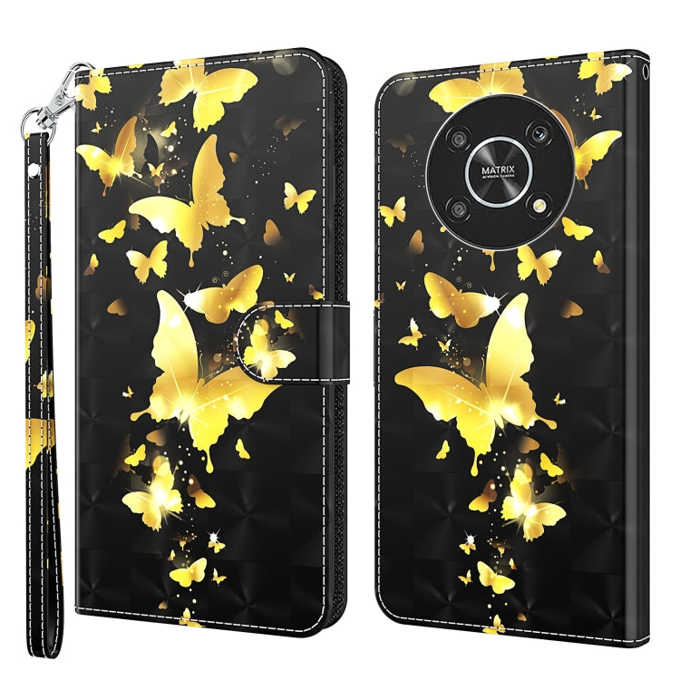 Phone case with yellow butterfly and sparkle pattern on black PU leather, wrist strap