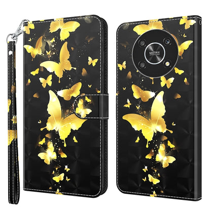Phone case with yellow butterfly and sparkle pattern on black PU leather, wrist strap
