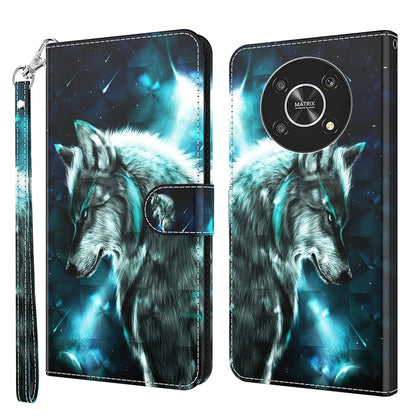Phone case with 3D wolf artwork, blue starry background, wrist strap, camera cutout