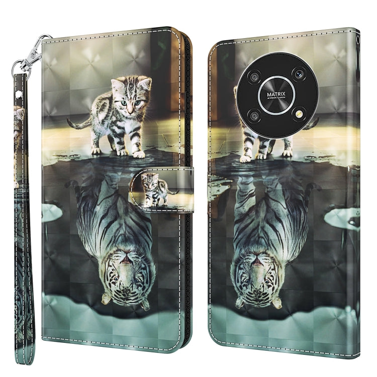 Phone case with cat print, reflective water-style graphic, round camera badge, wrist strap