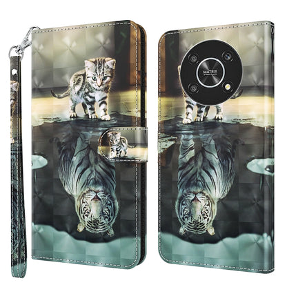 Phone case with cat print, reflective water-style graphic, round camera badge, wrist strap