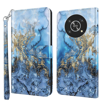 Phone case with blue and gold marbled fantasy pattern, PU leather finish, wrist strap