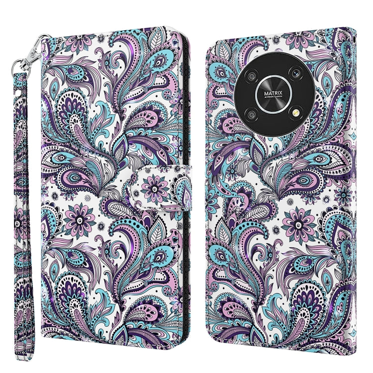 Phone case with purple and teal paisley pattern on white background, wrist strap