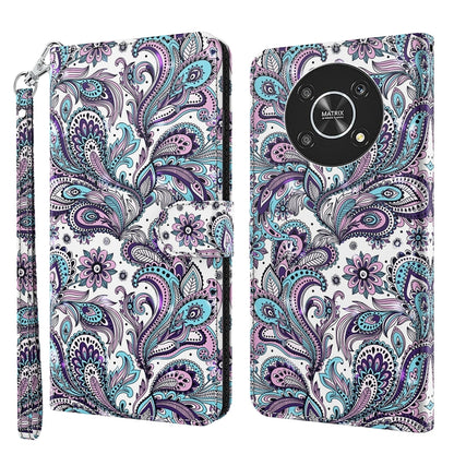Phone case with purple and teal paisley pattern on white background, wrist strap