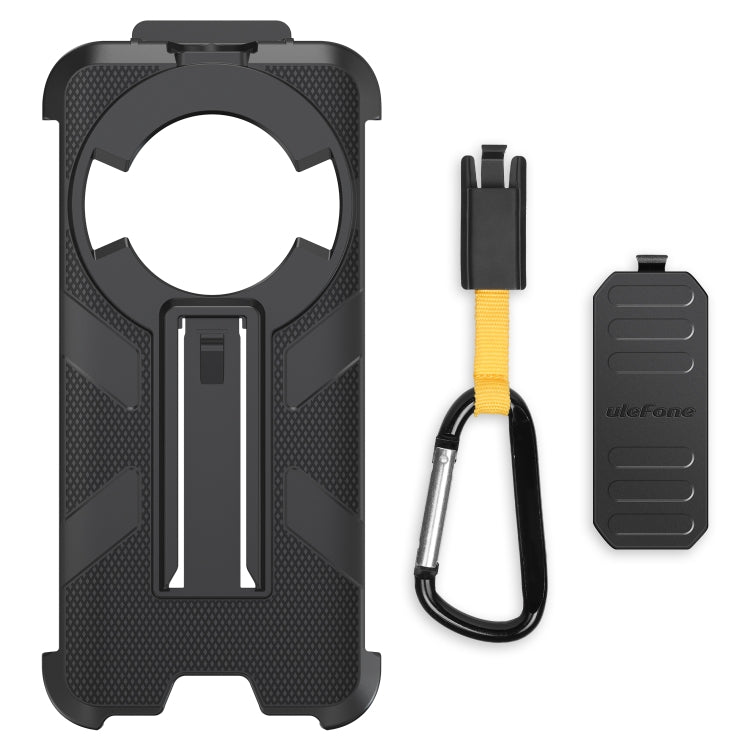 Black rugged back clip phone case with yellow lanyard and carabiner accessory.