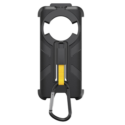 Black rugged phone case with back clip and yellow strap, plus metal carabiner ring.