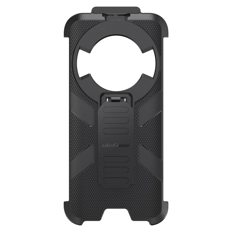 Black rugged phone case with built-in back plate clip and protective cutouts.