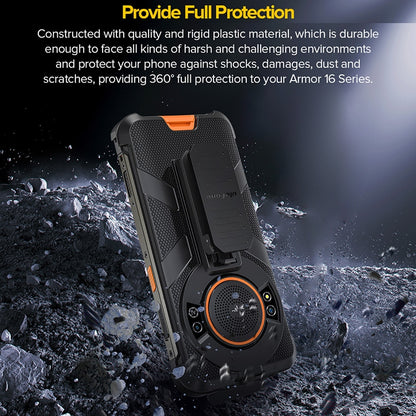 Black rugged phone case with orange accent insert and back clip, shown on debris.