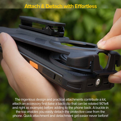 Black rugged back clip phone case with orange accent insert, held in hand.