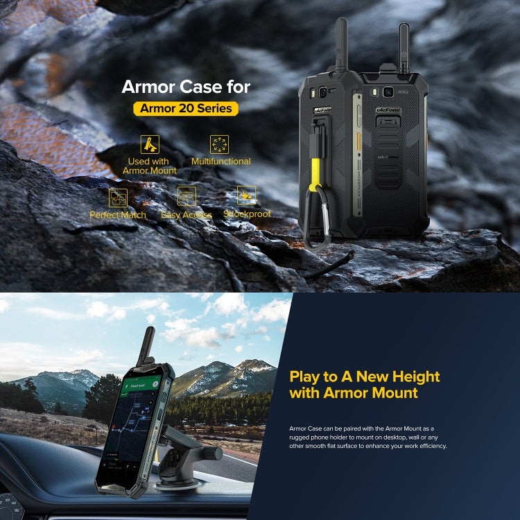 Rugged phone case with armor mount and back clip, dark gray with yellow accents