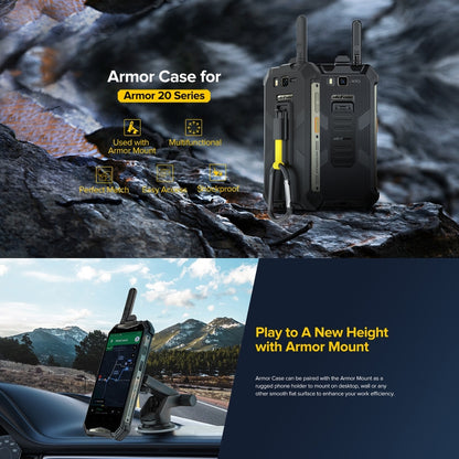 Rugged phone case with armor mount and back clip, dark gray with yellow accents