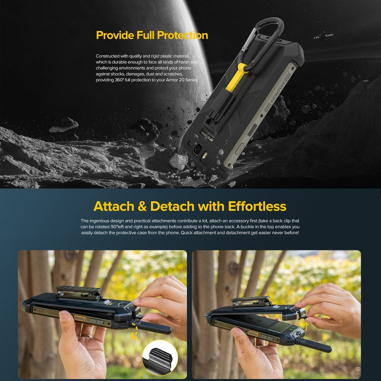 Rugged armored phone case with lanyard carabiner, dark gray with yellow and gray details