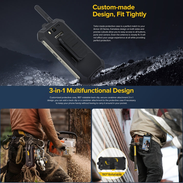 Rugged phone case with carabiner clip and belt carry strap, dark gray and yellow