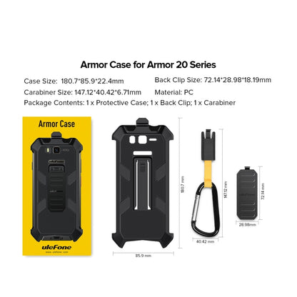Phone case size chart with carabiner clip and belt clip, dark gray with yellow