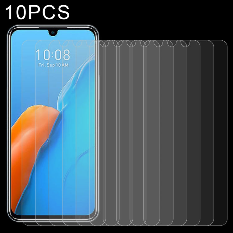 10-pack tempered glass screen protector set shown on a smartphone front