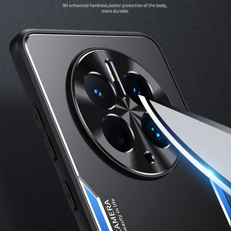 Phone case, black with blue trim, lens ring holder detail and raised corners
