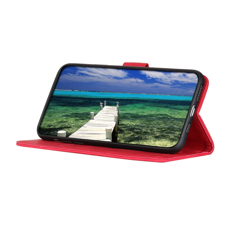 Red leather flip phone case folded as a stand for watching on Xiaomi Poco M4 5G/M5 5G