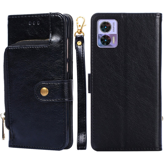 Black leather zipper flip phone case with card slot, magnetic strap, and camera cutout
