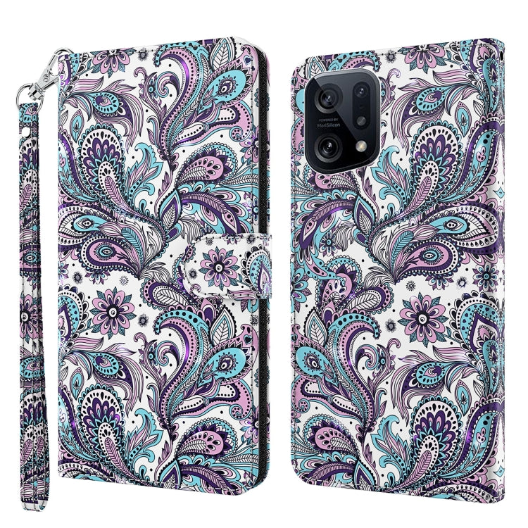 Phone case with purple teal paisley pattern on white, wrist strap and camera cutout