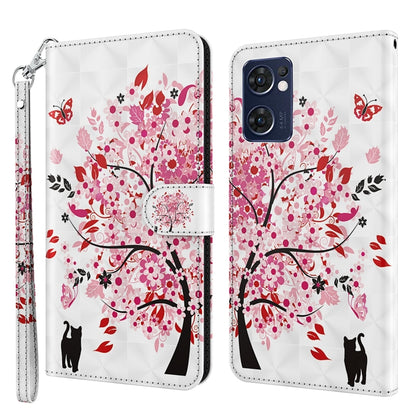 Phone case wallet with pink-red floral tree print, black cat silhouettes, wrist strap