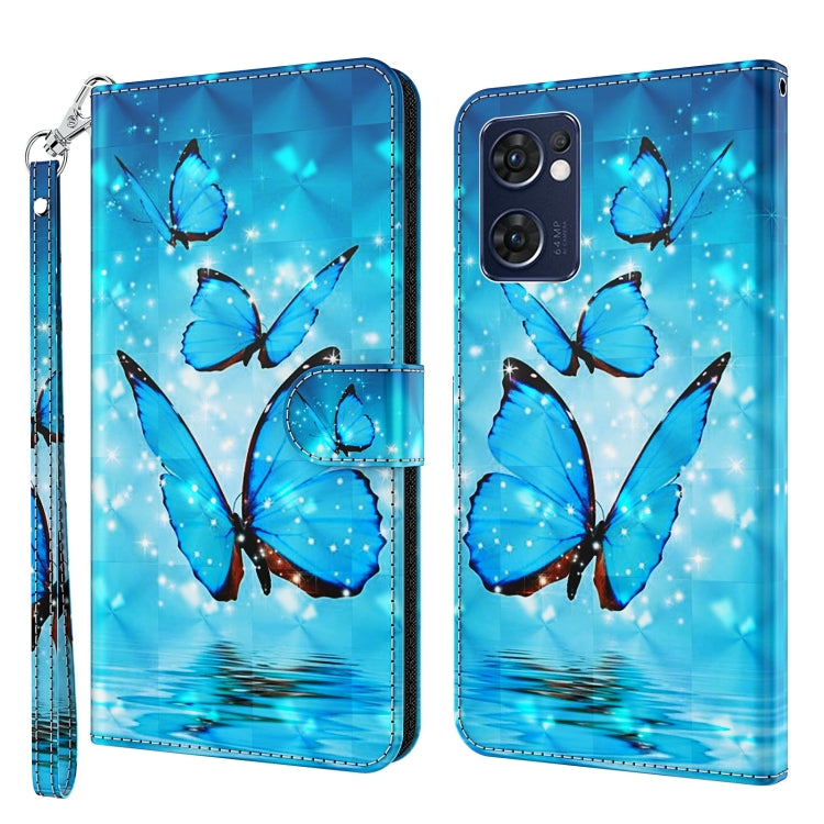 Phone case wallet with blue butterfly and starry sky print, wrist strap