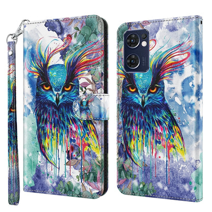Phone case wallet with colorful watercolor owl illustration, wrist strap