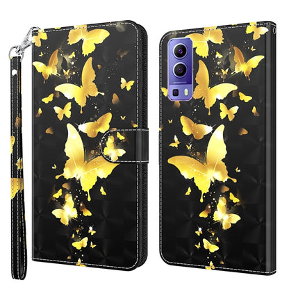 Phone case wallet with yellow butterfly scatter on black, wrist strap