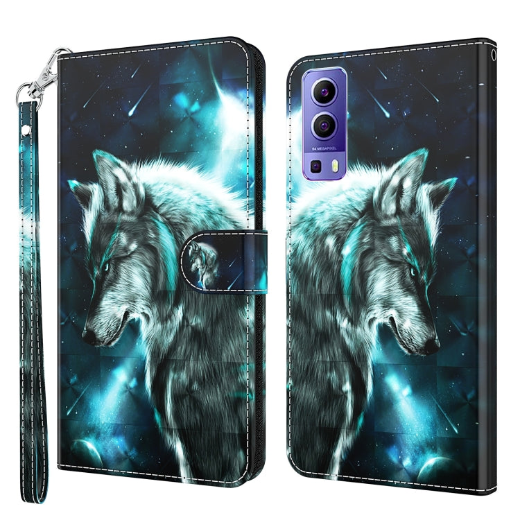 Phone case wallet with glowing blue wolf portrait and starry background, wrist strap