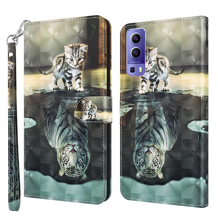 Phone case wallet with tabby cat illustration and mirror reflection, wrist strap