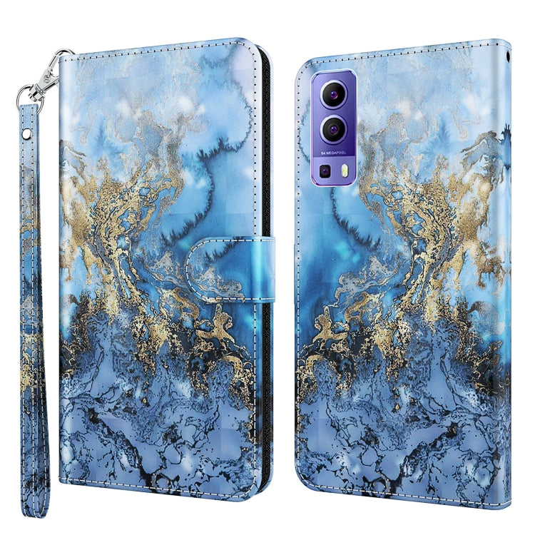 Phone case wallet with blue and gold marbled landscape print, wrist strap