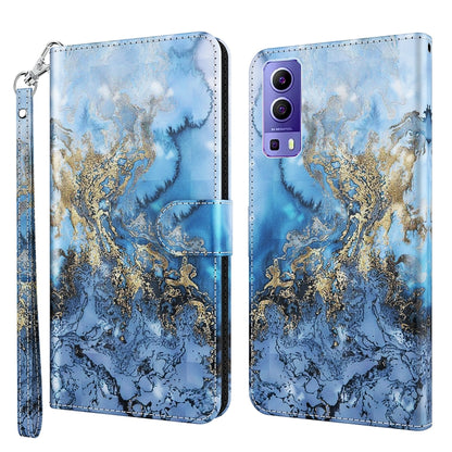 Phone case wallet with blue and gold marbled landscape print, wrist strap