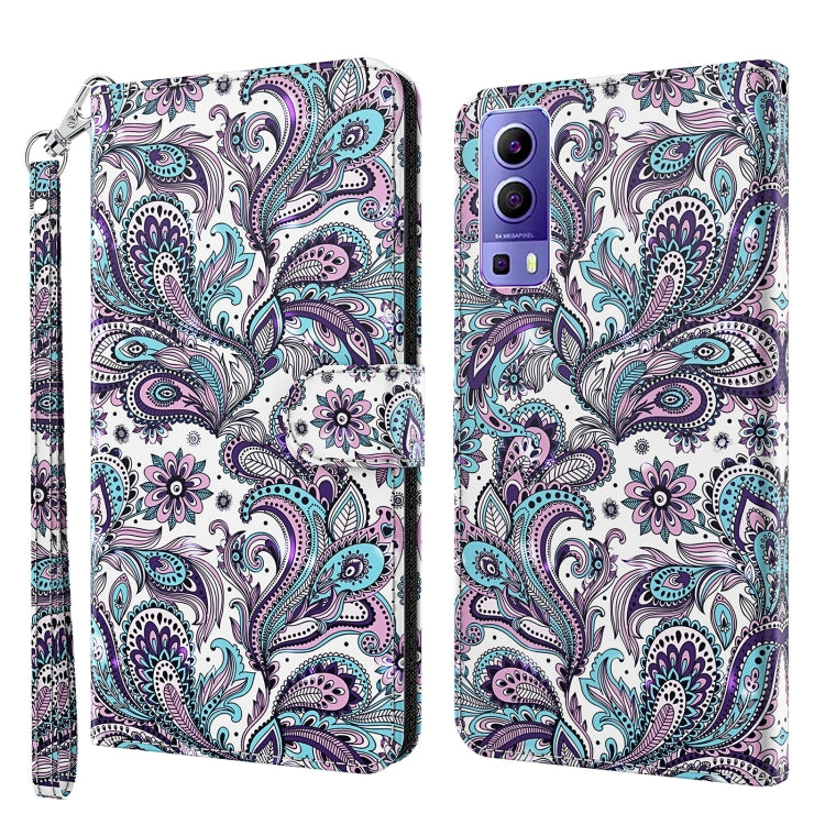 Phone case wallet with purple teal paisley pattern on white, wrist strap