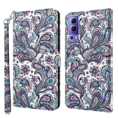 Phone case wallet with purple teal paisley pattern on white, wrist strap