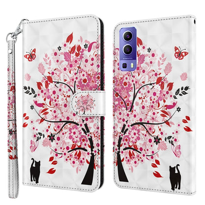 Patterned phone case with folio and wrist strap, floral tree with black cat silhouettes.