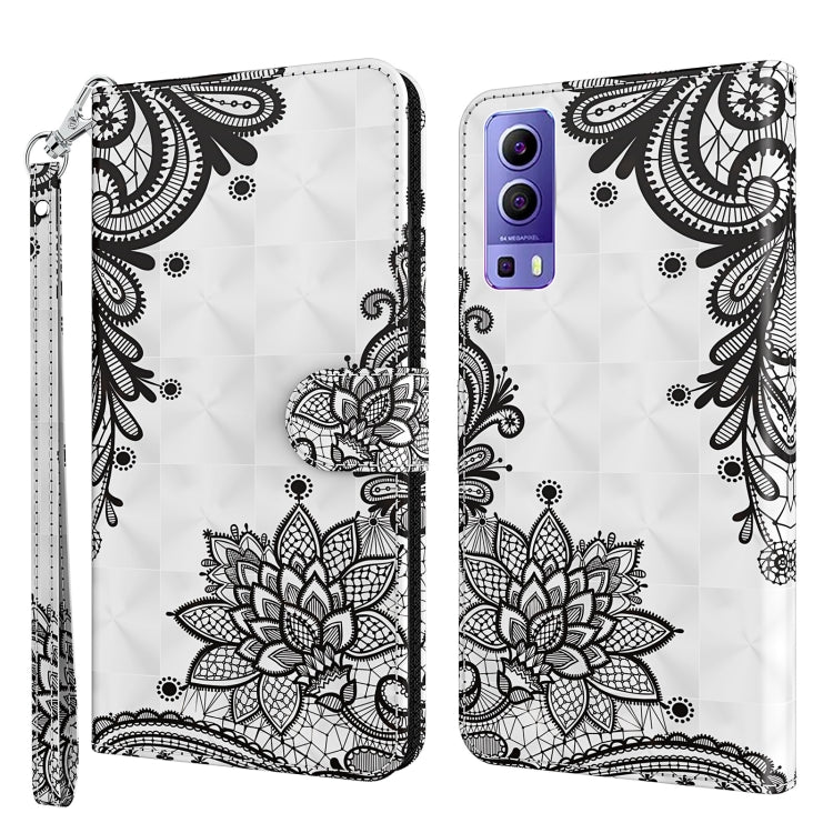 Patterned phone case with folio and wrist strap, black floral lace on a white base.