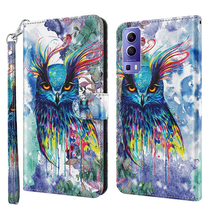 Patterned phone case with folio and wrist strap, colorful watercolor owl illustration.