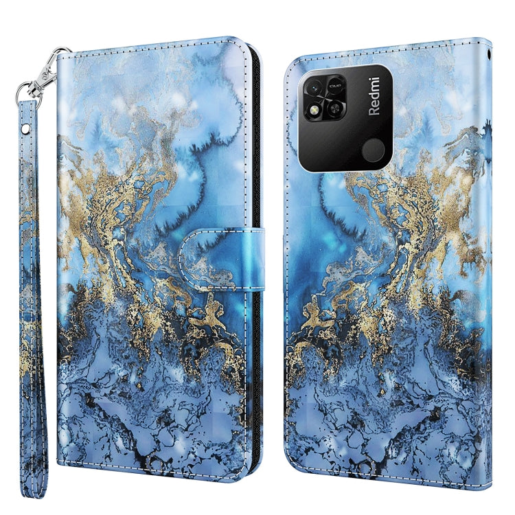 Patterned phone case with folio and wrist strap, blue marbled texture with gold swirling details.