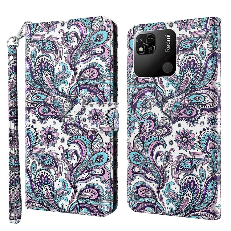 Patterned phone case with folio and wrist strap, purple and teal paisley with birds and flowers.