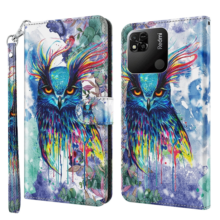Blue folio phone case with colorful watercolor owl portrait, zipper strap.