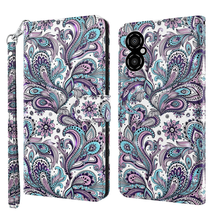 White folio phone case with colorful paisley floral pattern, zipper strap.