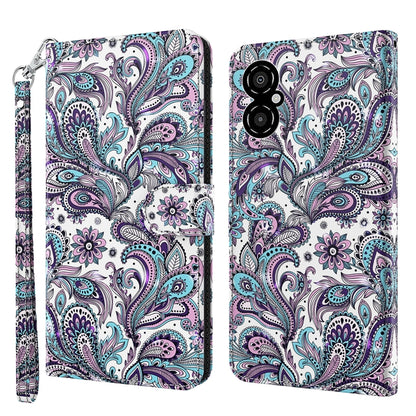 White folio phone case with colorful paisley floral pattern, zipper strap.