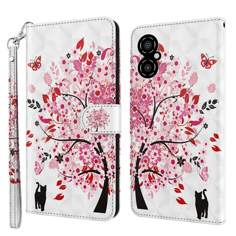 Phone case with white base, pink and red floral tree pattern, dual cat silhouettes, wrist strap