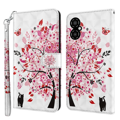 Phone case with white base, pink and red floral tree pattern, dual cat silhouettes, wrist strap