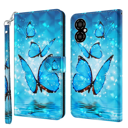 Phone case with blue butterfly and starry sparkles, light blue floral backdrop, wrist strap