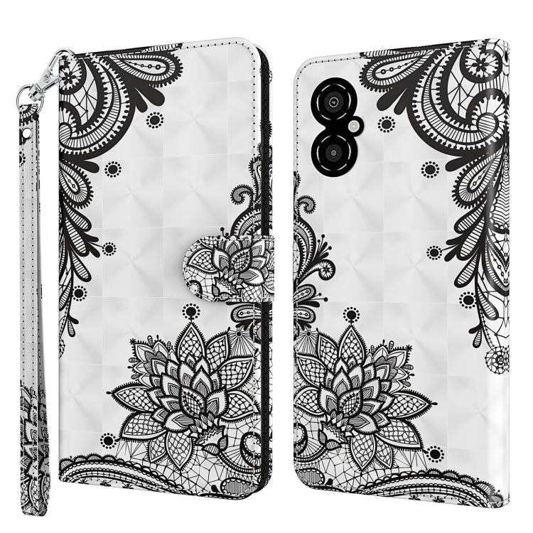 Phone case with white base and black floral mandala pattern, stitched edges, wrist strap