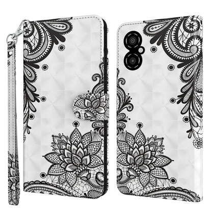 Phone case with white base and black floral mandala pattern, stitched edges, wrist strap